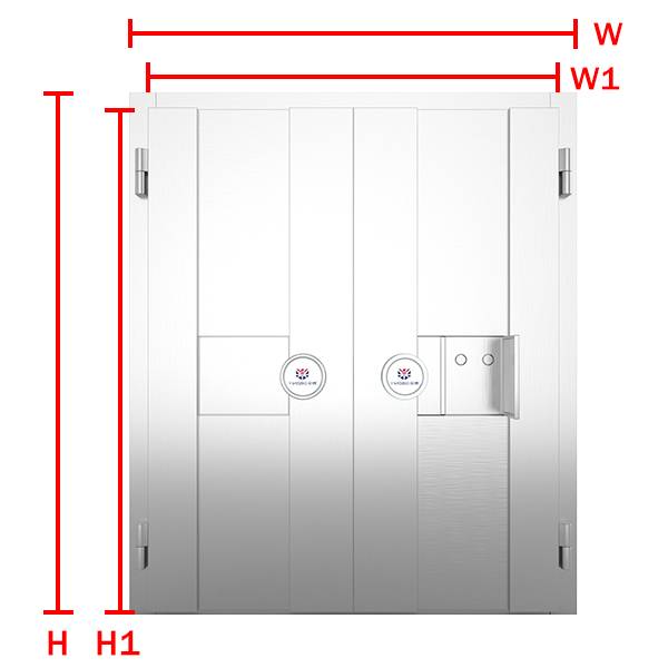 A side-by-side stainless steel vault door