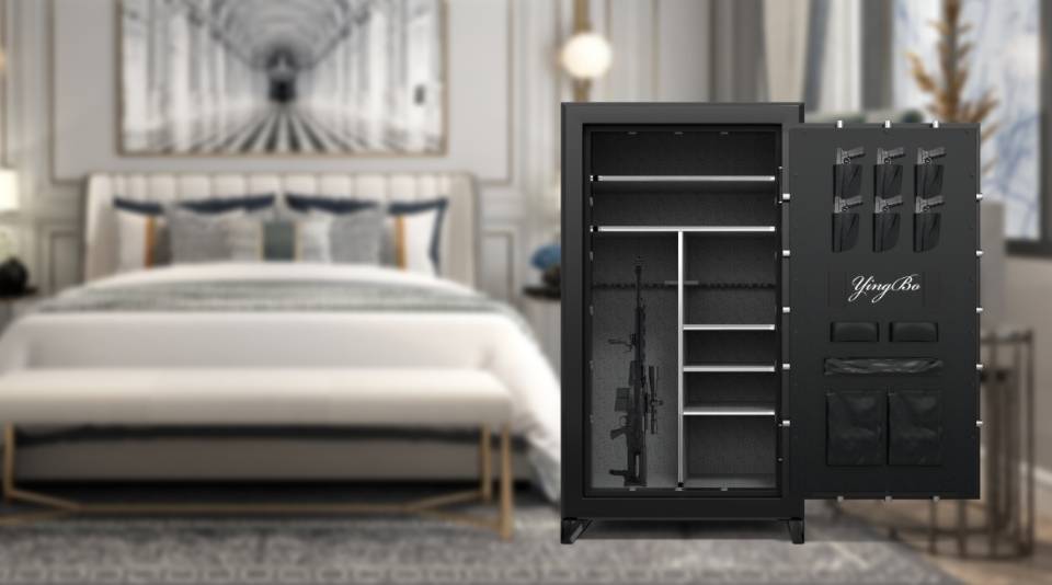 A gun safe with guns and pistols is placed in the bedroom.