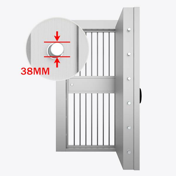 Stainless steel vault door is equipped with 38 mm latches.
